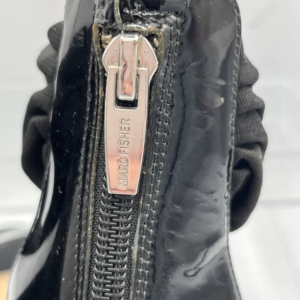 Marc Fisher Black Patent Stiletto Heels Size  8  Zip Back Chic Ankle Wrap